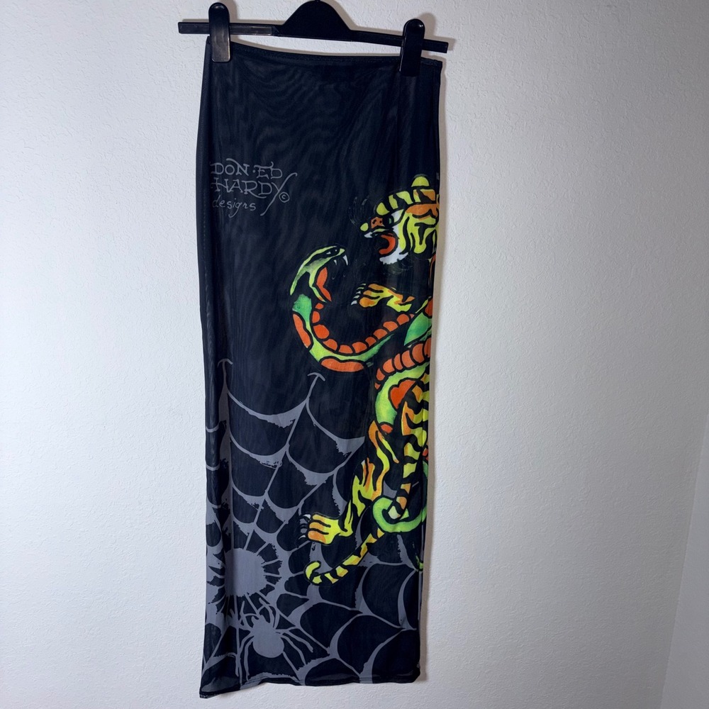 Ed Hardy Mesh Set Small Black New Tiger Snake Spiderweb Rhinestone Y2K Crop Maxi - Picture 2 of 8
